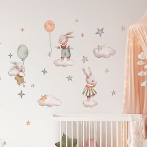 DREAM REALM Watercolor Kids Wall decal / Stars Clouds and Moon / Bunny decal