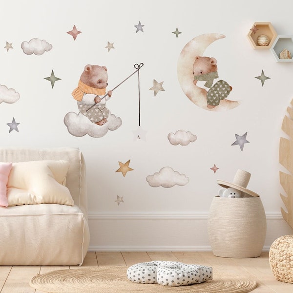 DREAM REALM Watercolor Kids Wall decal / Stars Clouds and Moon / Teddy Bear decal