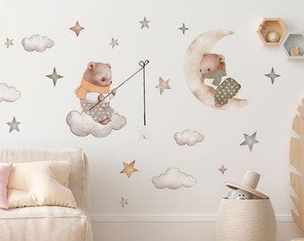 DREAM REALM Watercolor Kids Wall decal / Stars Clouds and Moon / Teddy Bear decal