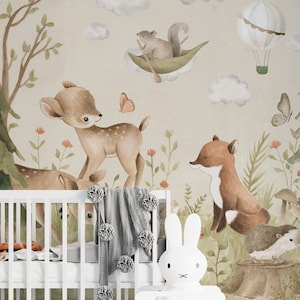 Carta da parati per bambini "Little One" - murale con simpatici animali della foresta | Fatto su misura | Autoadesivo o non tessuto | Decorazione della cameretta dei bambini