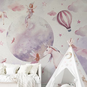 Fairyland Kids Wallpaper – Mural with Unicorn, Fairies, and Balloons | Custom Size | Peel & Stick or Non-Woven | Girl&#39;s Room Decor