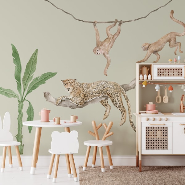 LEOPARD OASIS Jungle Wall Stickers for Kids Room / watercolor decal set