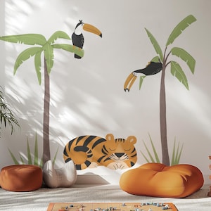 Jungle Wall Decals XXL – Tiger, Toucans and Palm Trees – Watercolor Safari Animals for Kids Room