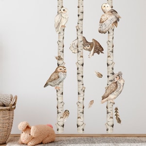 Wall Decals Owls and Birch Trees – Realistic Nature-Inspired Woodland Decor for Kids Room or Nursery