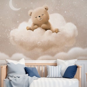 Kindertapete Nap Nap - Teddybär auf einer Wolke Tapete - Natürliche Tapete zur Dekoration eines Kinderzimmers