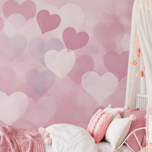 Carta da parati per bambini "Sweetheart" - murale rosa con cuori | Fatto su misura | Autoadesivo o non tessuto | Decorazione della cameretta della bambina