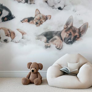 Kindertapete "Puppies Dream" – Wandbild mit süßen Welpen | Maßanfertigung | Selbstklebend oder Vlies | Kinderzimmerdekoration