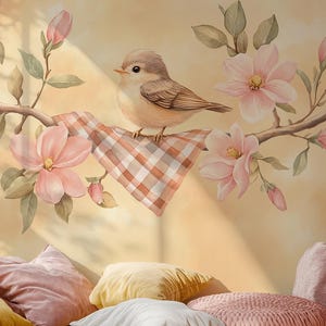 Carta da parati per bambini "Lulu" - carta da parati pastello con un uccello e una magnolia, decorazione murale acquerello per bambini