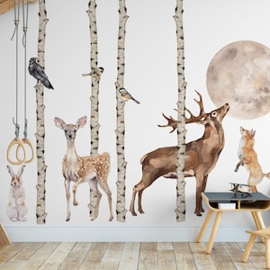 Forest Wall Decals – Birch Trees, Deer, Fox, Rabbit, Birds and Moon – Large Watercolor Set for Kids Room or Nursery