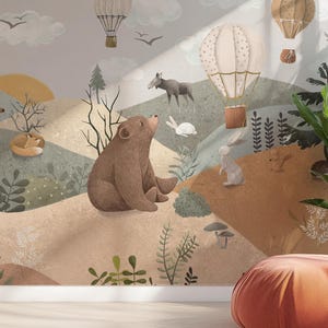 Carta da parati per bambini 7HILLS – Paesaggio montano con palloncini | Fatto su misura | Autoadesivo o non tessuto | Decorazione della cameretta dei bambini