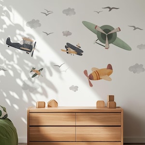 Skywards Retro Airplane Wall Stickers - SKYWARDS Collection - Clouds & Birds Set for Nursery or Boys’ Room