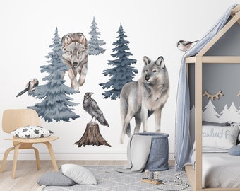 KRASOVY WOLF Wall decal for kids / big set forest animals / nursery woodland / forest tree / watercolor