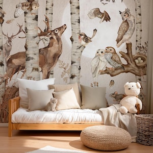 Papel pintado infantil &quot;Luna Sonata&quot; - mural con búhos y abedules en el bosque nocturno | Autoadhesivo o no tejido | Decoración de habitaciones infantiles