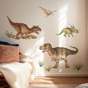リアルな恐竜のウォールステッカー - T-Rex、トリケラトプス、プテロダクティル - 男の子の部屋の壁飾り、先史時代、水彩画