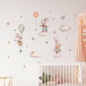 Bunny Wall Decals with Clouds and Stars – Watercolor Nursery Decor