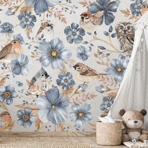 SONGBIRDS Wallpaper for children / boho nursery / botanical wallpaper / Wall Mural  / Flower