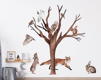 KRASOVY TREE Wall decal for kids / big set forest animals / nursery woodland / forest tree / watercolor