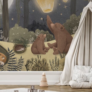 Fond d'écran pour enfants Nitewish - Conte de fées de la forêt avec des ours et des lanternes | Sur mesure | Autocollant ou non tissé | Décoration de chambre d'enfant