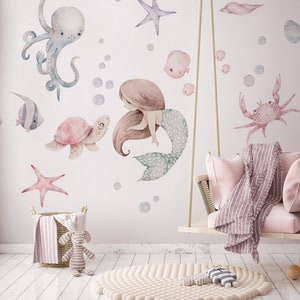 Mermaid Wall Decals | Girls Room Ocean Decor | Underwater Nursery Stickers
