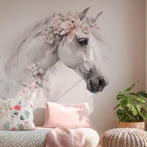 Belle – horse wallpaper with flower crown • pastel mare portrait • elegant wall decor for nursery, living room or bedroom