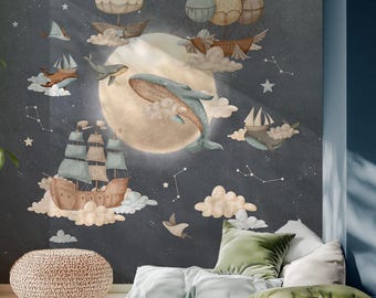 Stardust Kids Wallpaper – Night Sky Mural with Whale, Ships, and Moon | Custom Size | Peel & Stick or Non-Woven | Nursery Decor