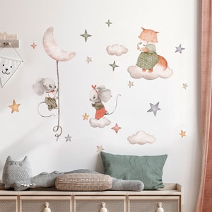 DREAM REALM Watercolor Kids Wall decal / Stars Clouds and Moon / Mouse decal