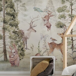 Papier peint pour enfants "Miłolas" - peinture murale de forêt avec un cerf et un lapin | Sur mesure | Autocollant ou non tissé | Décoration de chambre d'enfant