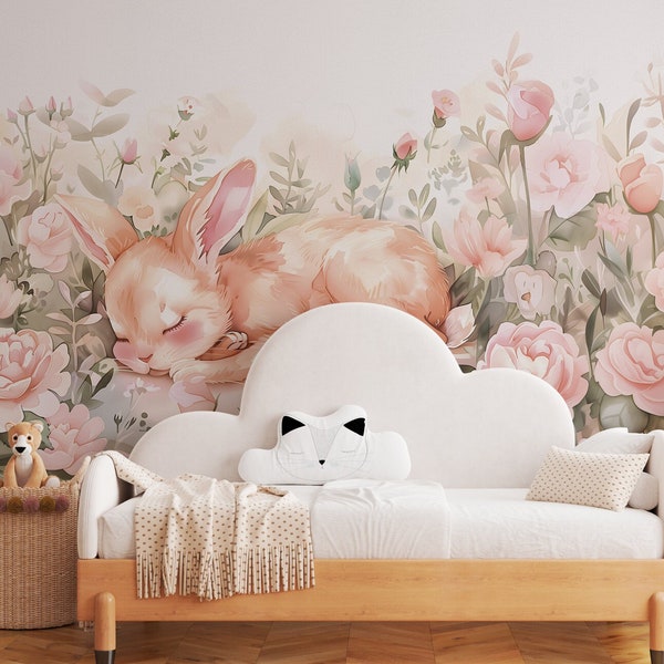 LULLABY / Children's wallpaper, Bunny, Hare wall mural, Plants and Flowers on the wall