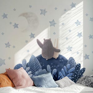 Bear and Bunny Wall Decal – Night Forest Scene with Moon and Stars – Nursery Sleep Corner Decor