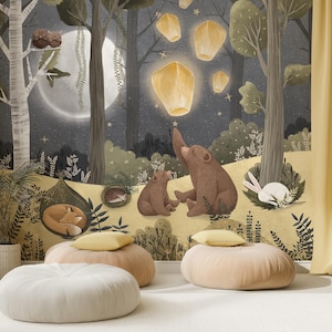 Fondo de pantalla infantil de Nitewish: Cuento de hadas del bosque con osos y linternas | Hecho a medida | Autoadhesivo o no tejido | Decoración de habitaciones infantiles