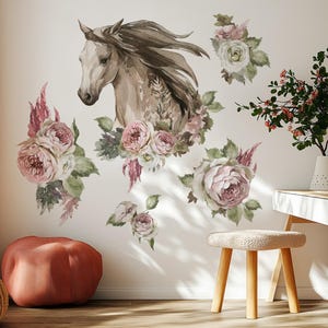 Romantic Horse Wall Sticker with Roses – Floral Watercolor Wall Decal for Girls’ Rooms | Boho Pony Mural, Removable Nursery Decor