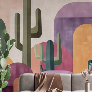 Carta da parati "Saguaro" - moderna carta da parati con motivo cactus | Fatto su misura | Autoadesivo o non tessuto | Decorazione d'interni