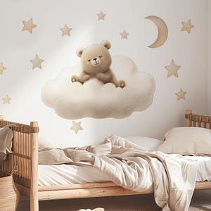 Teddy bear on cloud wall decal with stars and moon – pastel nursery wall decor