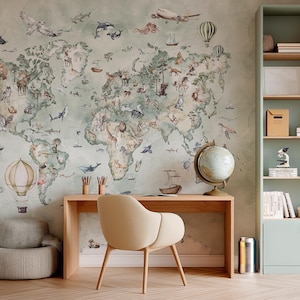Green World Map Kids Wallpaper – Educational Mural with Continents and Animals | Custom Size | Peel & Stick or Non-Woven