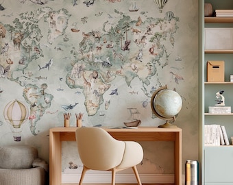 Fondo de pantalla infantil &quot;Mapa del mundo - Verde&quot; - mural educativo con continentes y animales | Hecho a medida | Autoadhesivo o no tejido