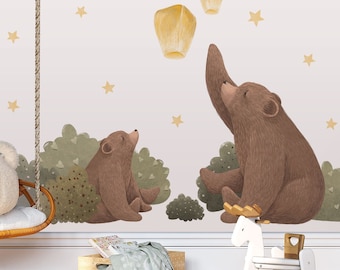 Forest Wall Decor with Cute Animals - Bear Decal with Woodland Night Sky
