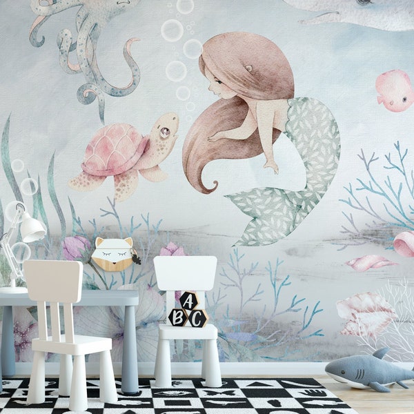 MARMAID Wallpaper for girl / Underwater Wallpaper kid room / Whale / Fish /  Under Sea / Hand painted