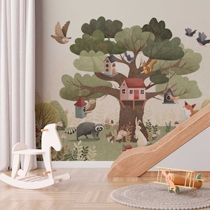 TREELLY / Forest wallpaper for children, Forest wall mural, Forest and tree animals