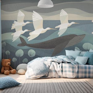 Blunari – dreamy wallpaper with whale and birds, soft ocean scene in pastel tones, mural for nursery or relaxing bedroom