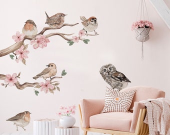 SONGBIRDS Naklejki na ścianę dla dzieci / ptaki / kwiaty