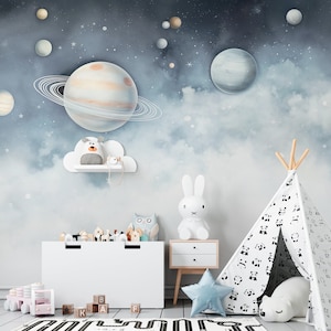 Carta da parati per bambini "Skies Odyssey" - murale con pianeti, stelle e nuvole | Fatto su misura | Decorazione della cameretta dei bambini