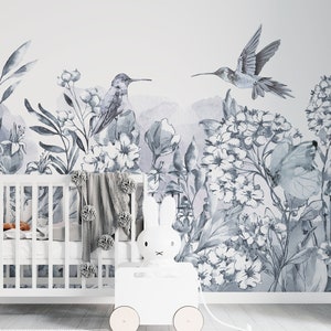 HUMMINGBIRD / Kids Wallpaper, Flower Wall Mural, Nursery Birds Wall Art