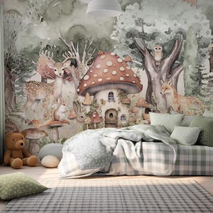 Mushroom Fairy Tale Kids Wallpaper – Mural with Mushroom House and Woodland Animals | Custom Size | Peel & Stick or Non-Woven