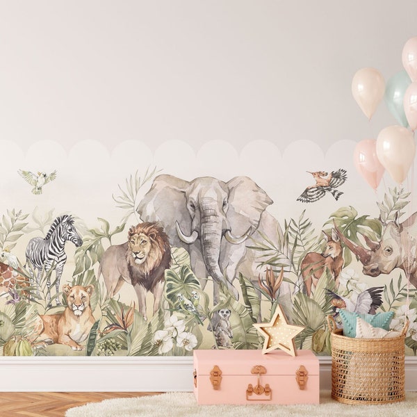 PARADISE border / Peel and Stick Half Wall wallpaper, Removable Safari Wall decor