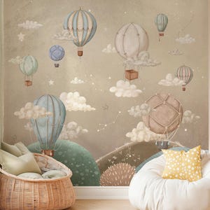 Stardust III Kids Wallpaper – Mural with Hot Air Balloons on Night Sky | Custom Size | Peel & Stick or Non-Woven | Nursery Wall Deco