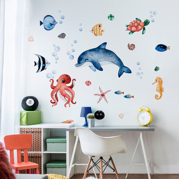 WATERLAND DOLPHIN Ocean Wall Stickers / Underwater Watercolor Decal Set