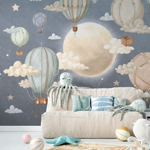Stardust II Kids Wallpaper – Hot Air Balloons, Moon and Stars Mural | Custom Size | Peel & Stick or Non-Woven | Nursery Room Decor