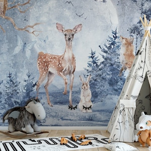 LUNA-PARK / Forest Kids Wallpaper, Deer Wall Mural, Moon Nursery Wall Art