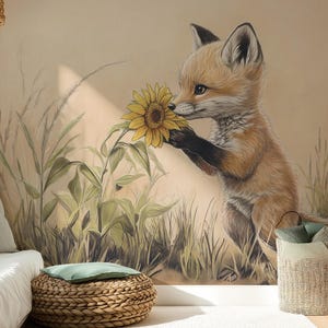 Carta da parati per bambini "Lisilu" - Carta da parati con una volpe e un girasole | Fatto su misura | illustrazione murale pastello per la cameretta di un bambino