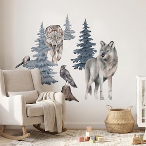 Muursticker met wolf voor de kinderkamer, bosdieren, decoratie voor de kinderkamer, sticker met wilde dieren uit het bos.